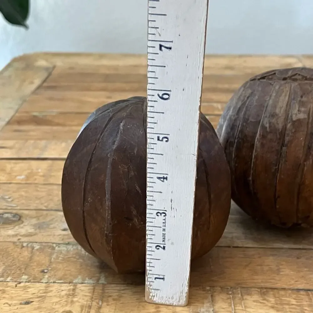 Pair of 2 Wood Carpet Ball Orb Sphere Folk Art Decor Hand Carved Vintage